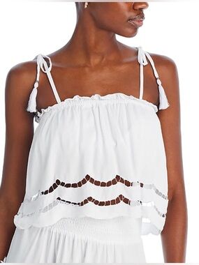 Tiare Hawaii White Boho Off Shoulder Tassel Resort Beach Cover Up Top OS